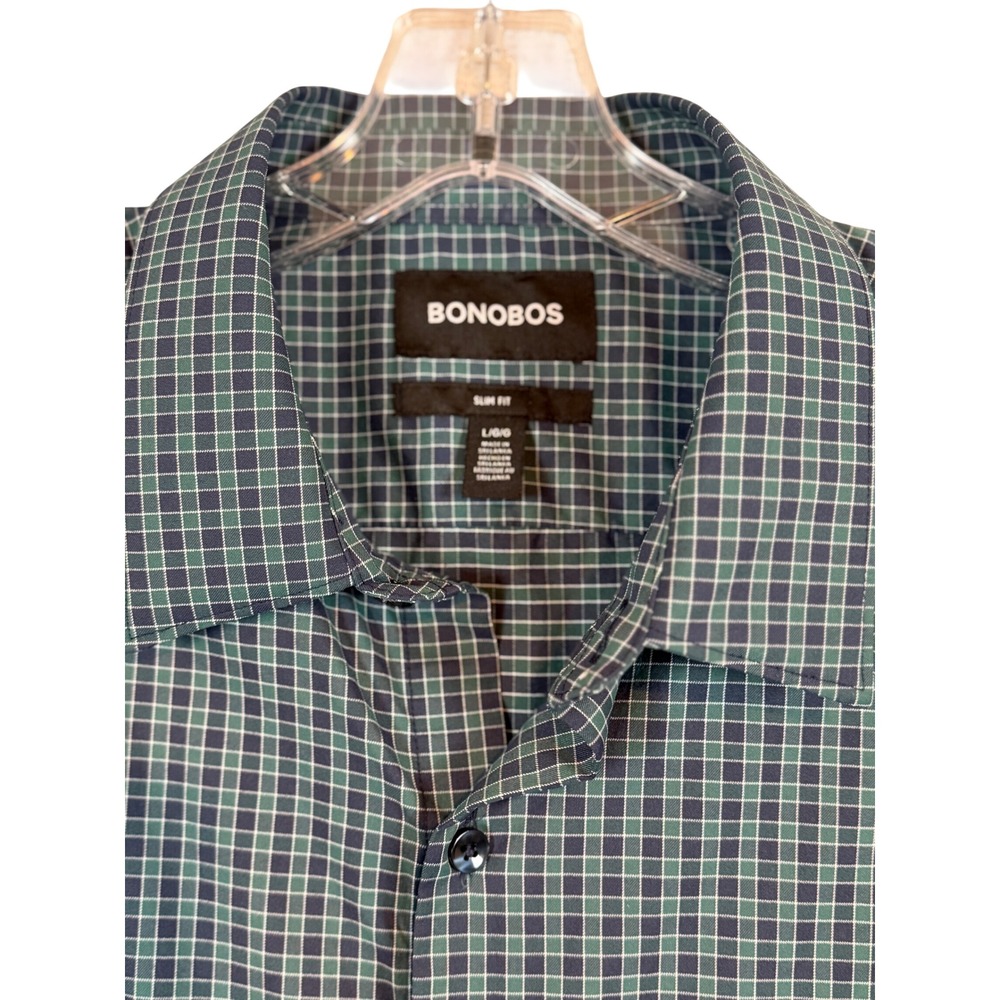 NWOT Bonobos Mens Slim Fit Performance Button Down Shirt Green Navy Grid Large L
